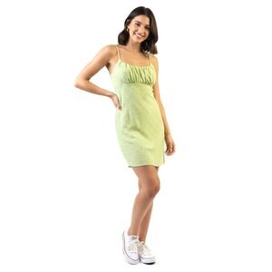 No Comment Dress S Green RK525675 Eyelet Spaghetti Straps Ruched Summer Chic NEW